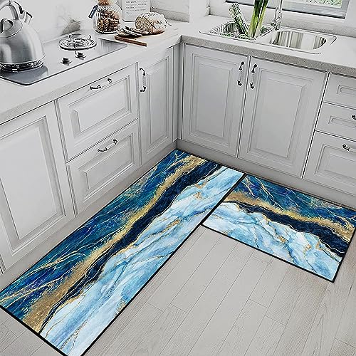 Tayney Blue Gold Marble Kitchen Rugs And Mats Non Skid Washable Set Of 2, Navy Luxury Elegant Kitchen Mats For Floor, Modern Classic Abstract Art Decor Kitchen Runner Rug #TOP2