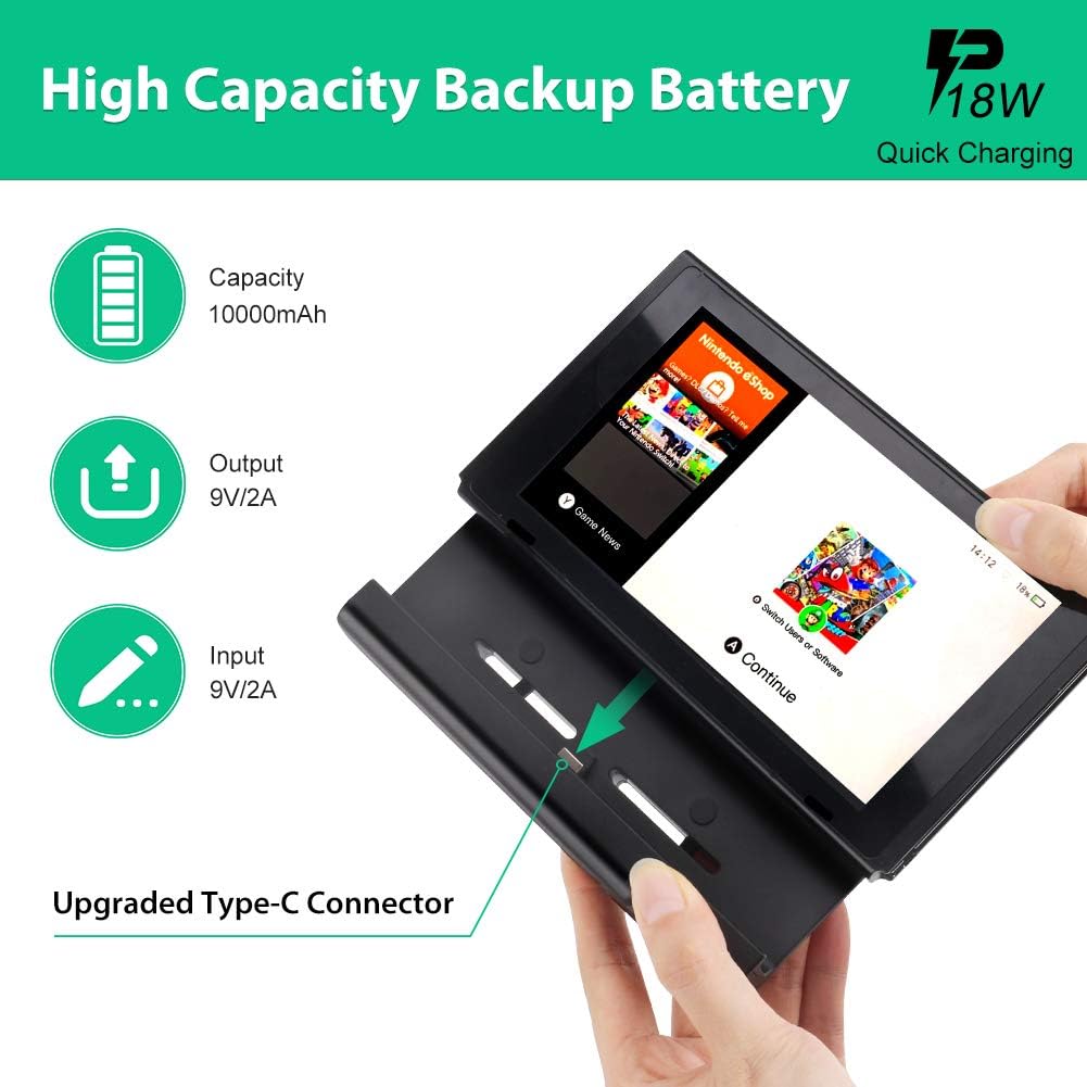 [Upgraded] BigBlue 10000mAh Battery Charger Case Compatible with Nintendo Switch with Joy-Con Grips, Dual USB-C(18W PD Quick Charging), Portable Backup SwitchCharger with Kickstand & Game Card Slot : Video Games