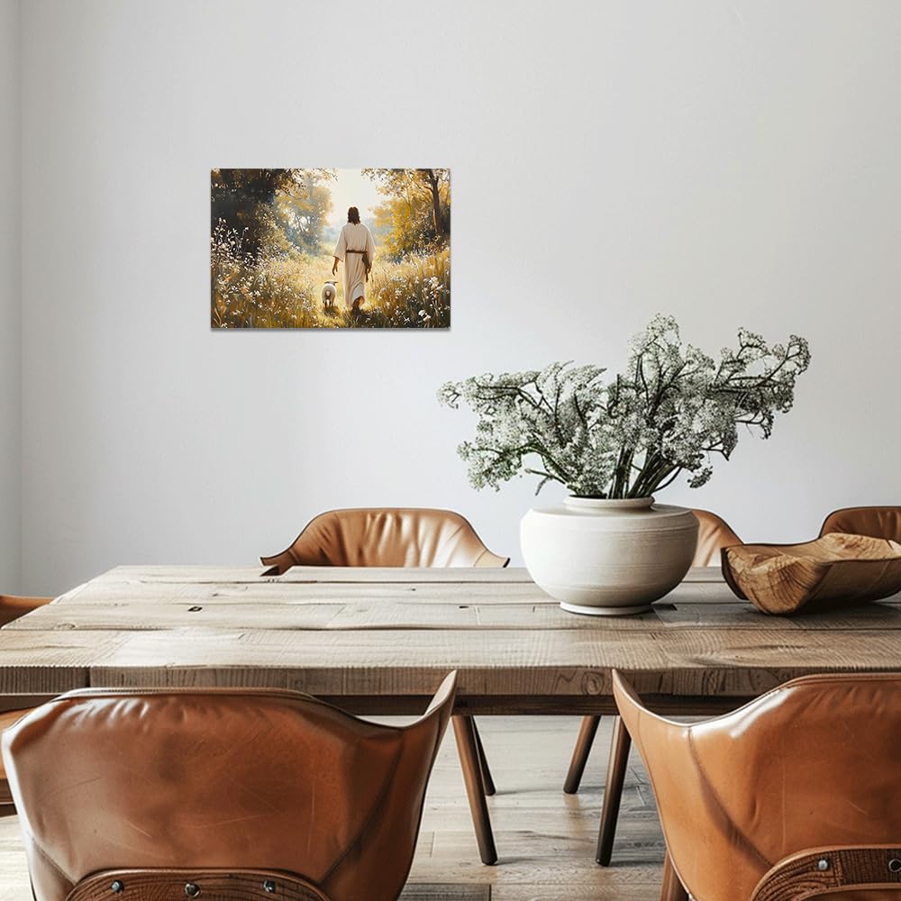 ZQQART Jesus Leinwandbild Jesus mit dem verlorenen Lamm Gemälde Vintage religiöse Wanddekoration gerahmt christlicher Kunstdruck für die Kirche(Gelb,40x60cm)