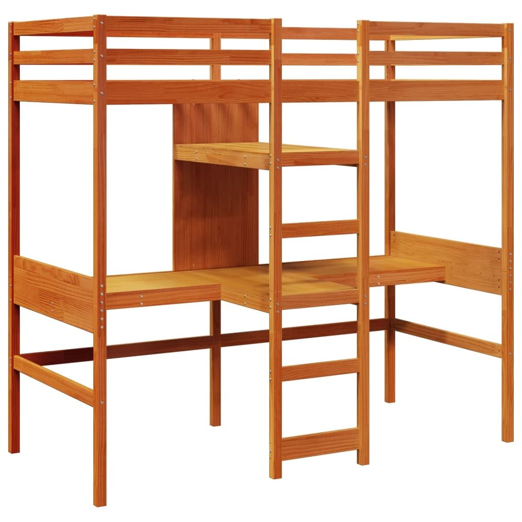 Cama Alta de Madera Maciza de Pino marrón Cera 80x200 cm con Estructura Resistente, Base de Listones, barandillas, Escalera incorporada, Almacenamiento Debajo