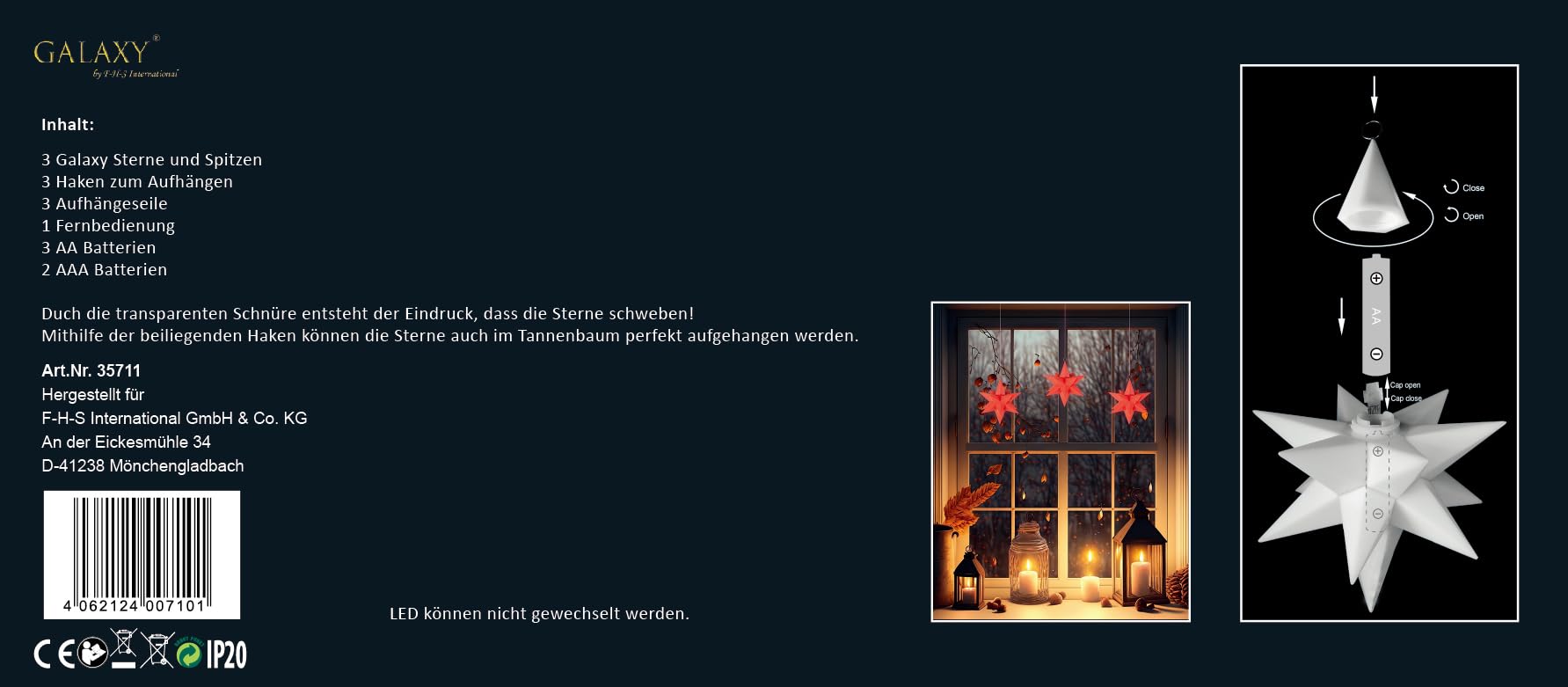 Galaxy "schwebende" LED Kunststoff-Sterne, 3er Set, rot, je10 weiße LED, Stern 13 cm, FB mit EIN-/ AUS Schalter, Dimmer und Timerfunktion 6/18 Std, Batterien inklusive