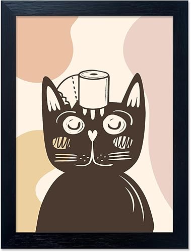 Boho Bathroom Wall Decor Funny Cat Print Painting with Toilet Roll Wall Art Fram