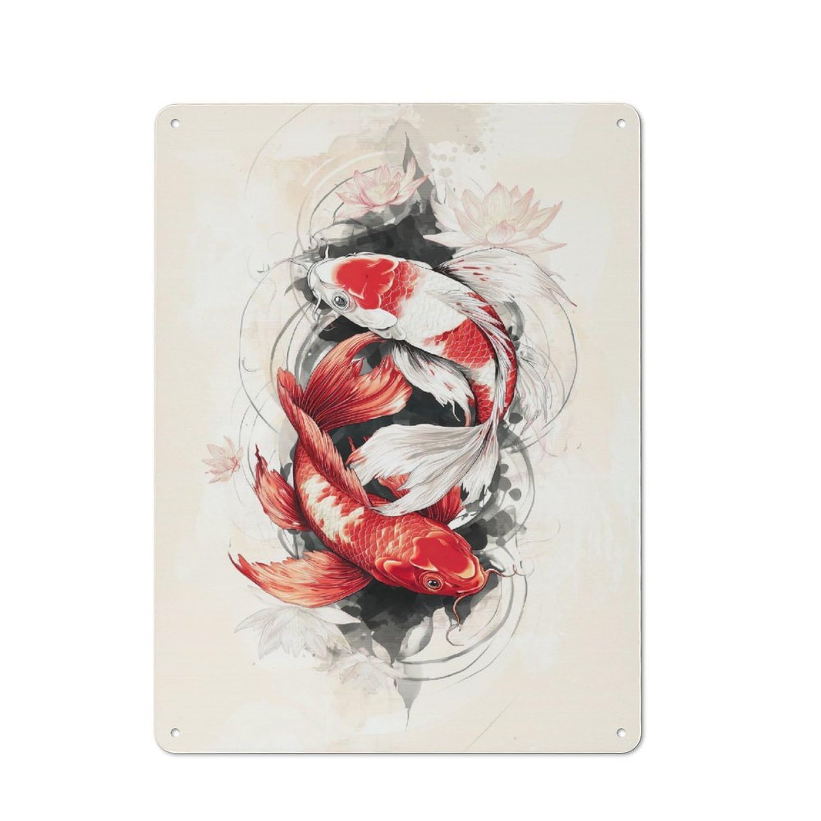 Junmoney Koi Fish Art Print Shop Front Style Decorative Metal Plaque 40X30cm, Shop Wall Decor For Cafe, Bistro, Bakery Or Restaurant
