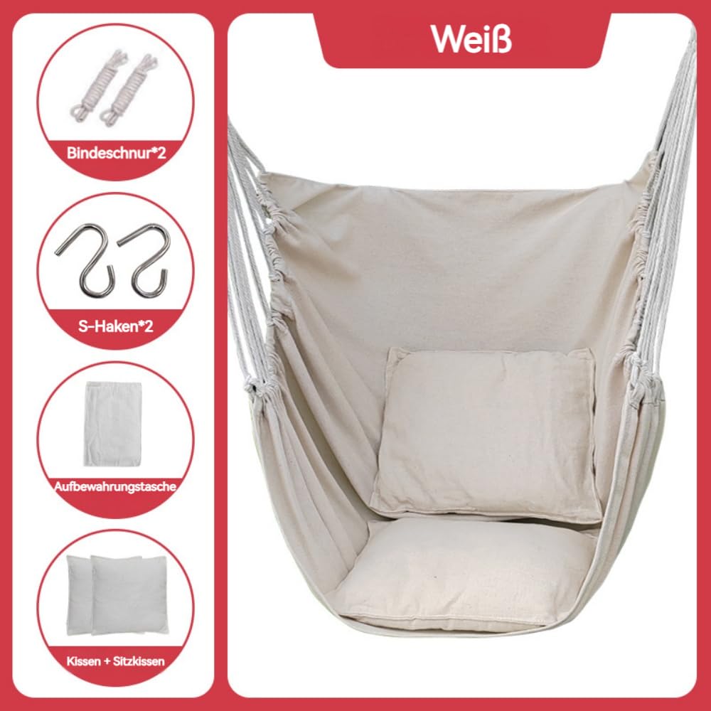 Fauteuil suspendu en coton durable pour jardin, balcon, chambre à coucher, intérieur et extérieur, avec coussin de siège, coussin et sac de rangement (blanc)