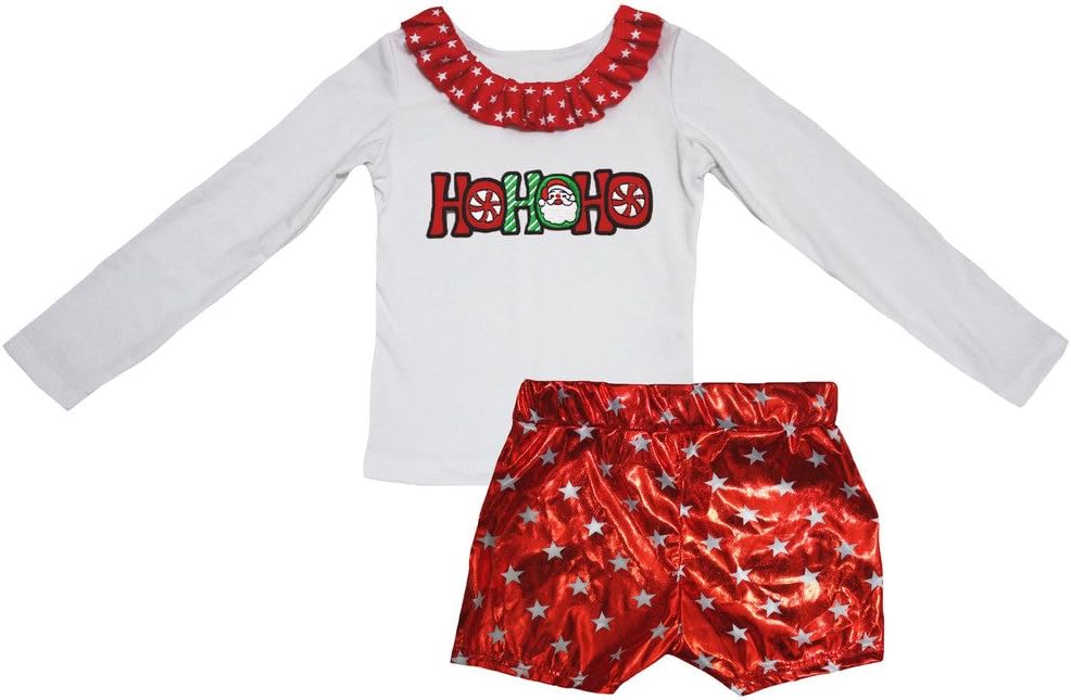 Petitebella Xmas HOHOHO White L/s Shirt Stars Red Bling Short Set 1-8y