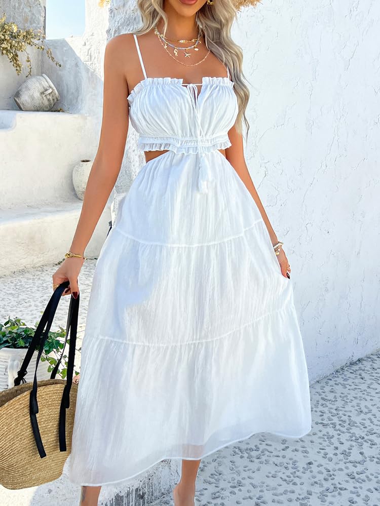 Image of Sumleno Women's 2026 Summer Bohemian Maxi Dresses Spaghetti Strap Cutout Tie Back Tiered Flowy Dress Vacation Beach Outfits