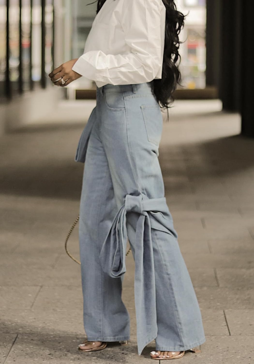 Vaceky Bow Tie Jeans Women Y2K High Waisted Straight Leg Trendy Denim Pants