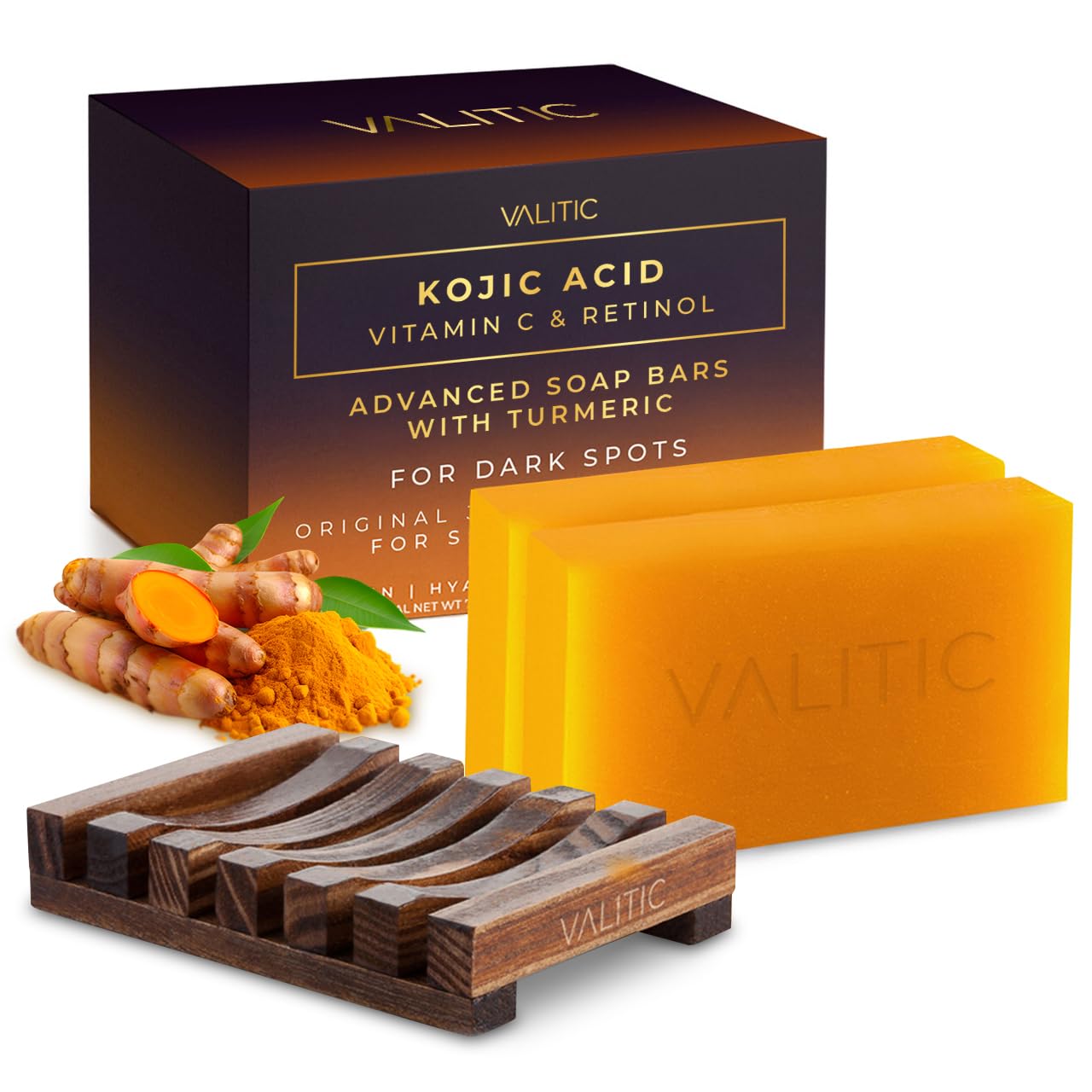 VALITIC Kojic Acid Vitamin C and Retinol Soap Bars with Turmeric for Dark Spot - Original Japanese Complex with Collagen, Hyaluronic Acid, Vitamin E (2-Pack) - with Soap Holder