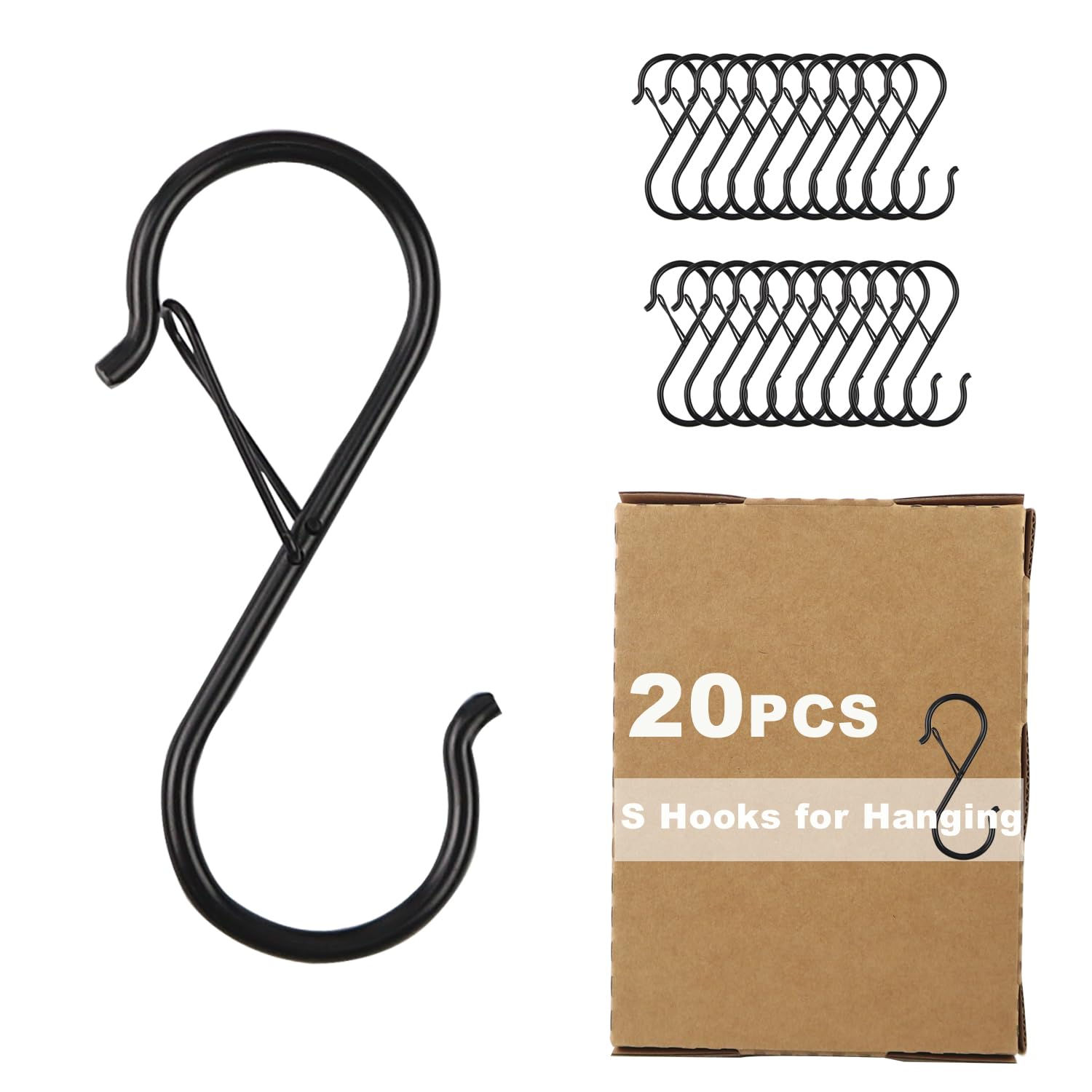 20 Pack S Shaped Hooks Metal for Hanging Heavy Duty Large Black 9 cm Long with Safety Buckle