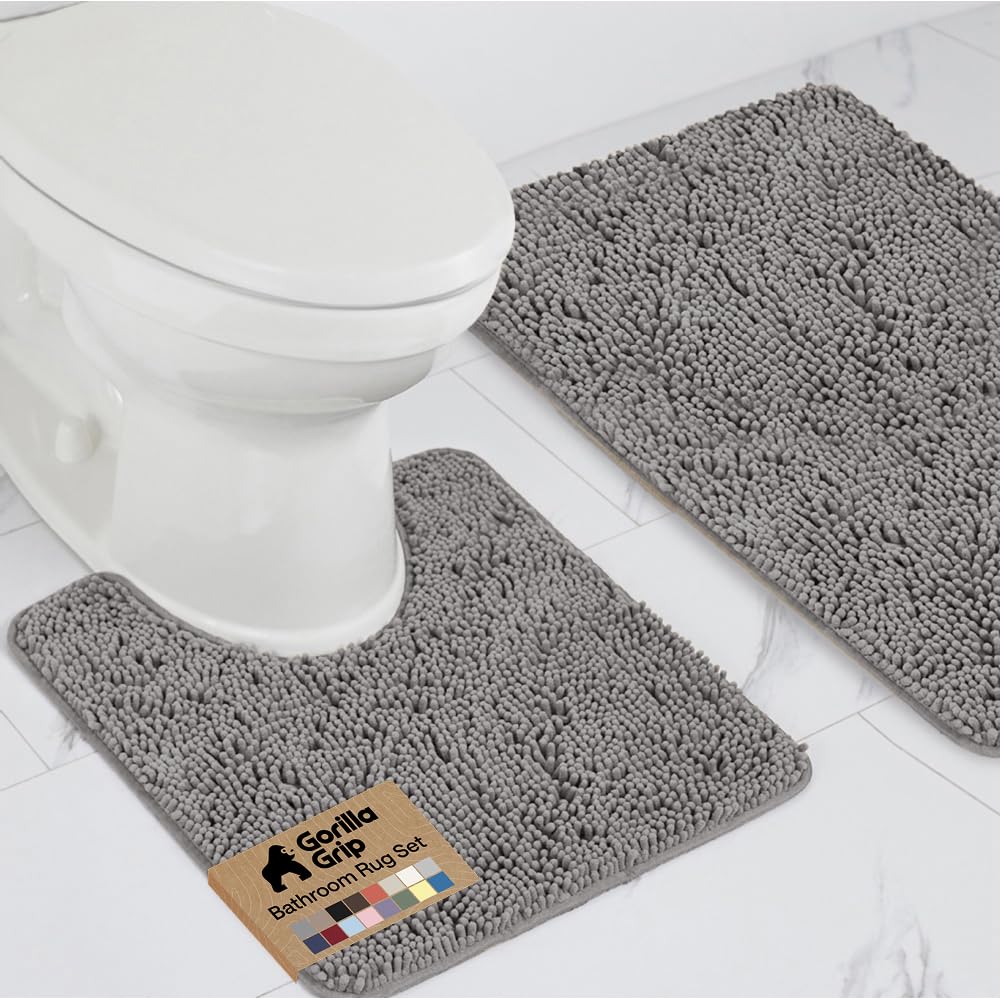 Gorilla Grip Original Shaggy Chenille 2 Piece Bath Rug Set Includes Oval U-Shape Contoured Mat for Toilet and 30x20 Carpet Rugs, Machine Wash/Dry, Plush Mats for Tub, Shower & Bath Room (Gray)
