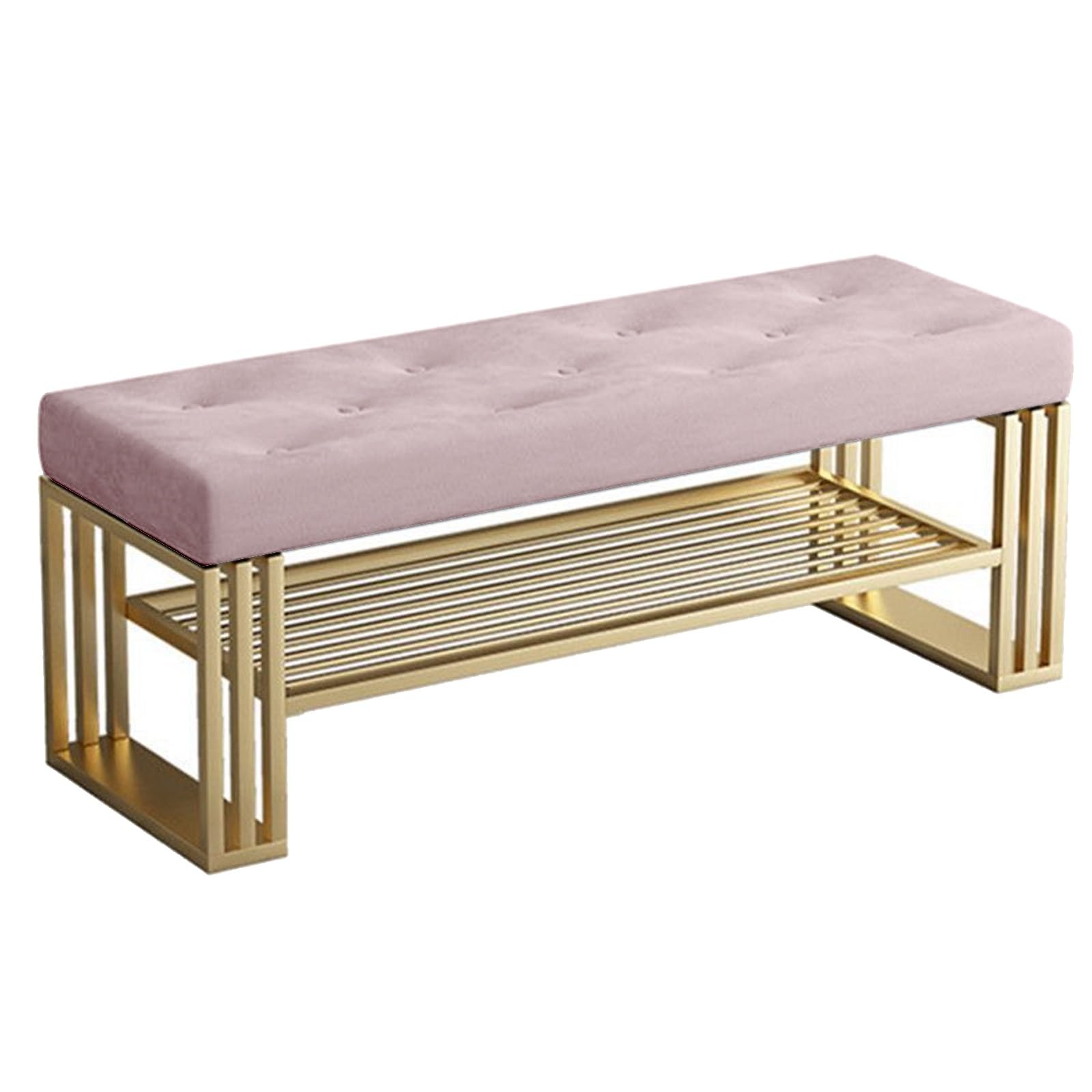 Banc d'entrée chic rose poudré avec étagère à chaussures en métal