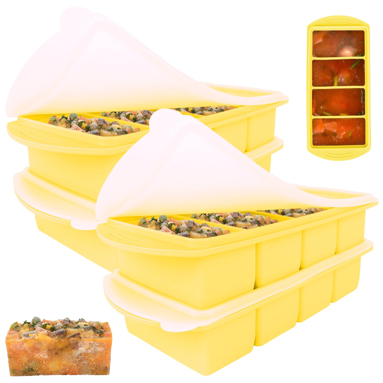 Lotvic 4 Pack Soup Cube Silicone Freezer Tray, 1000ML Freezer Containers with Lid, 4-Compartment, Makes 16 1-Cup Portions Cubes, Freezer Tray for Meal Prep, Soup, Sauce (4 Pack, Yellow)