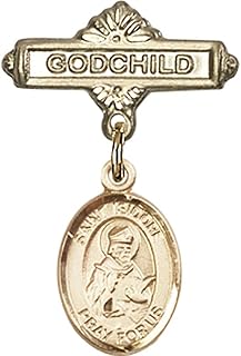Gold Filled Baby Badge with St. Isidore of Seville Charm and Godchild Badge Pin 1 X 5/8 inches