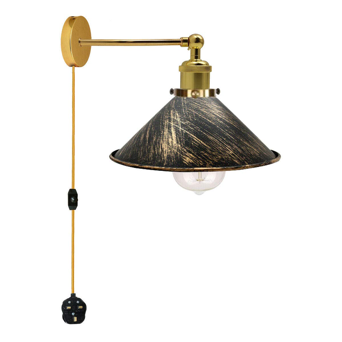 LEDSone Vintage Plug in Wall Light Sconce with 4.5m Practical Cord Plug Switch, Brass Metal Swing Arm, 22cm Cone Light Shade, 180° Wall Mount Reading Lamp Bedroom Bedside with Switch (Brushed Copper)