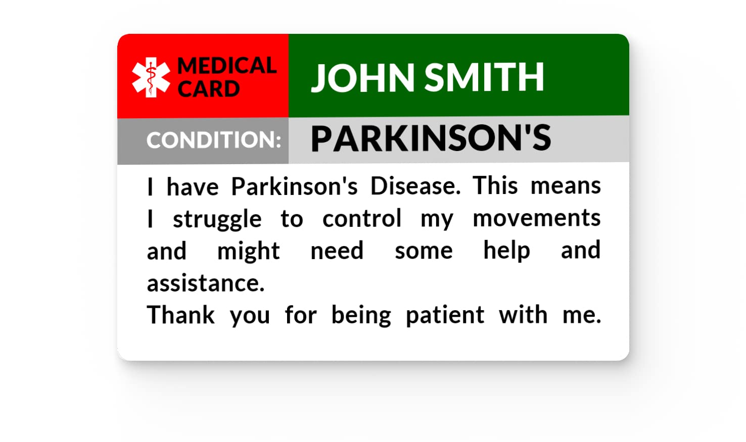 The Card Project UK Parkinson's Disease Awareness Medical ID Card, Personalised with Name and Emergency Contacts, White, Plastic, Minimalist Style, Unisex-Adults