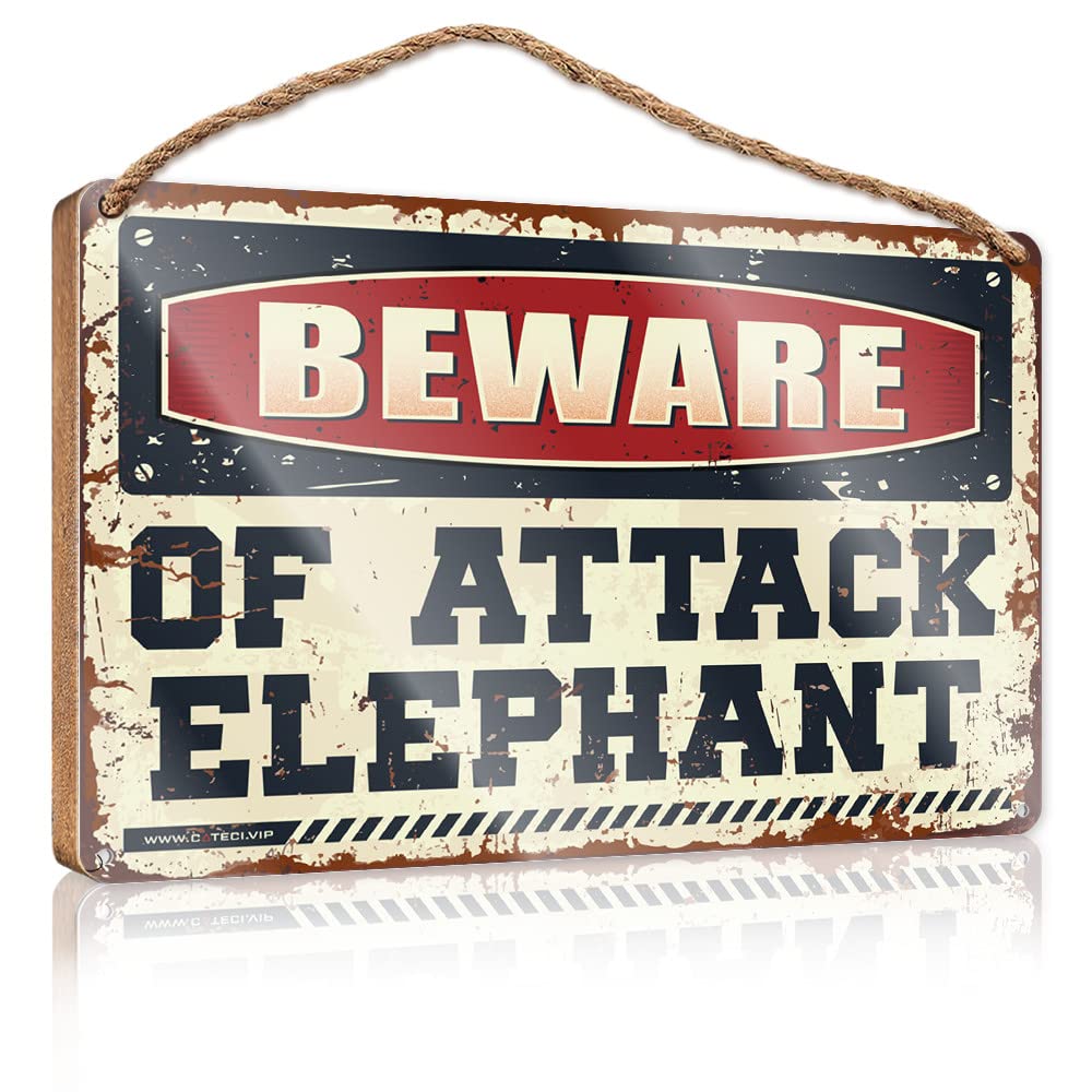 Warning Tin Sign Beware Of Attack Elephant Wooden Sign Metal Signs For Bar Man Cave Signs For Men(15X28CM)