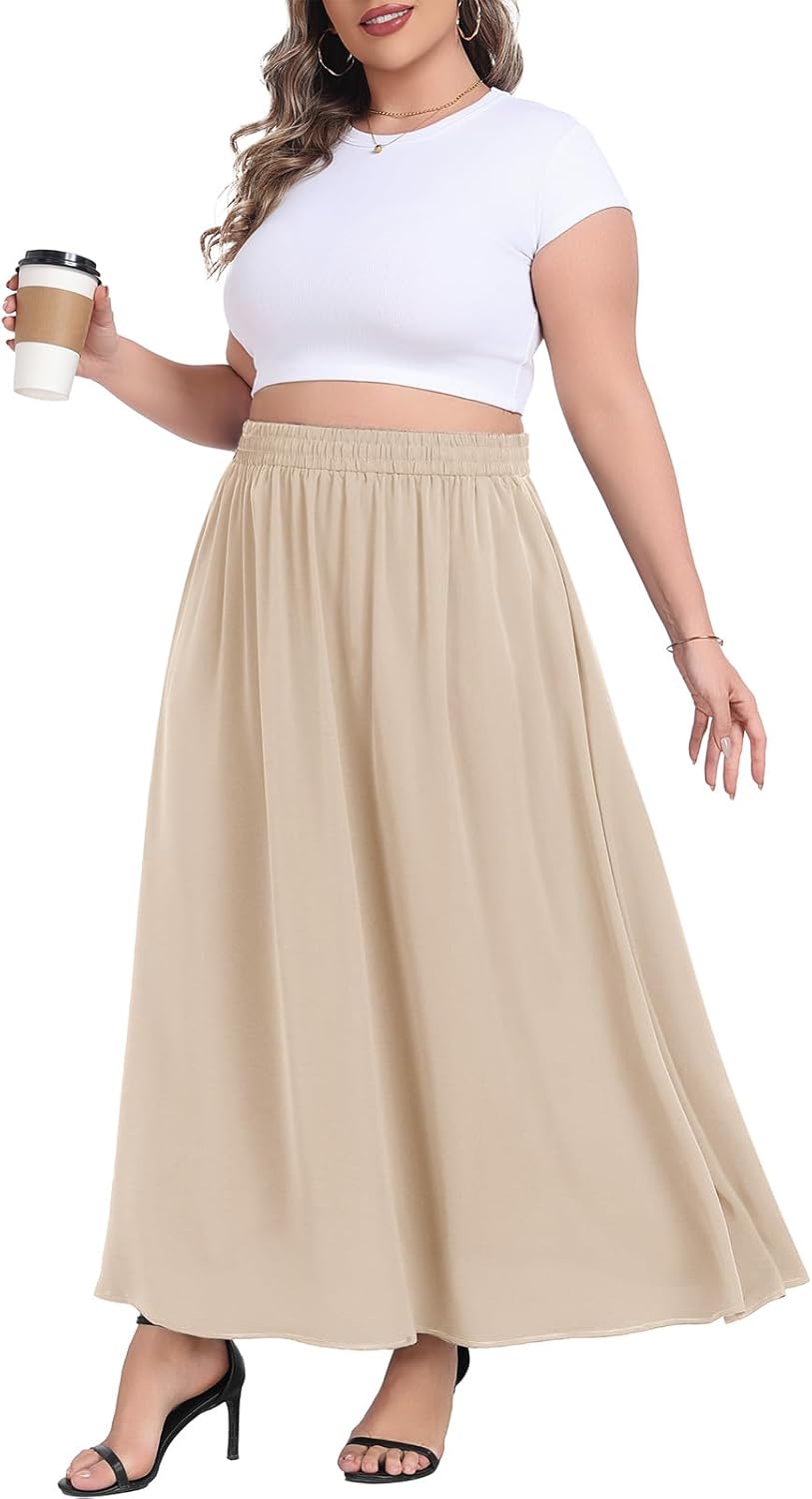 Lastshe Plus Size Maxi Skirt for Women Casual Elastic High Waist Boho Flowy A-line Spring Long Skirts with Pockets