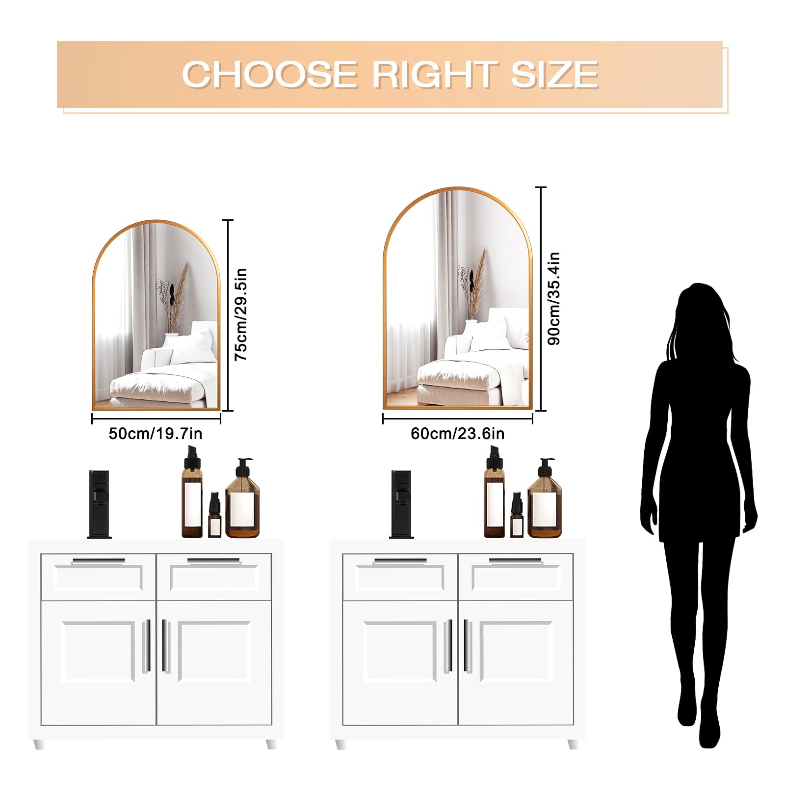 Dripex Miroir Mural Arche 60×90cm Or, Grand Miroir de Maquillage avec Cadre en Alliage d'Aluminium Idéal pour Entrée Chambre Salon Salle de Bain