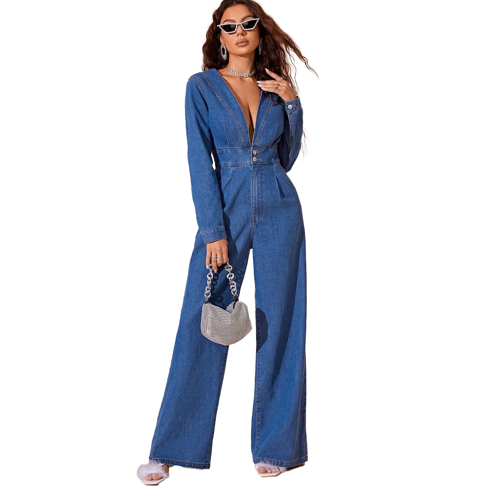 Mandonce Deep V Long Sleeve Jumpsuit