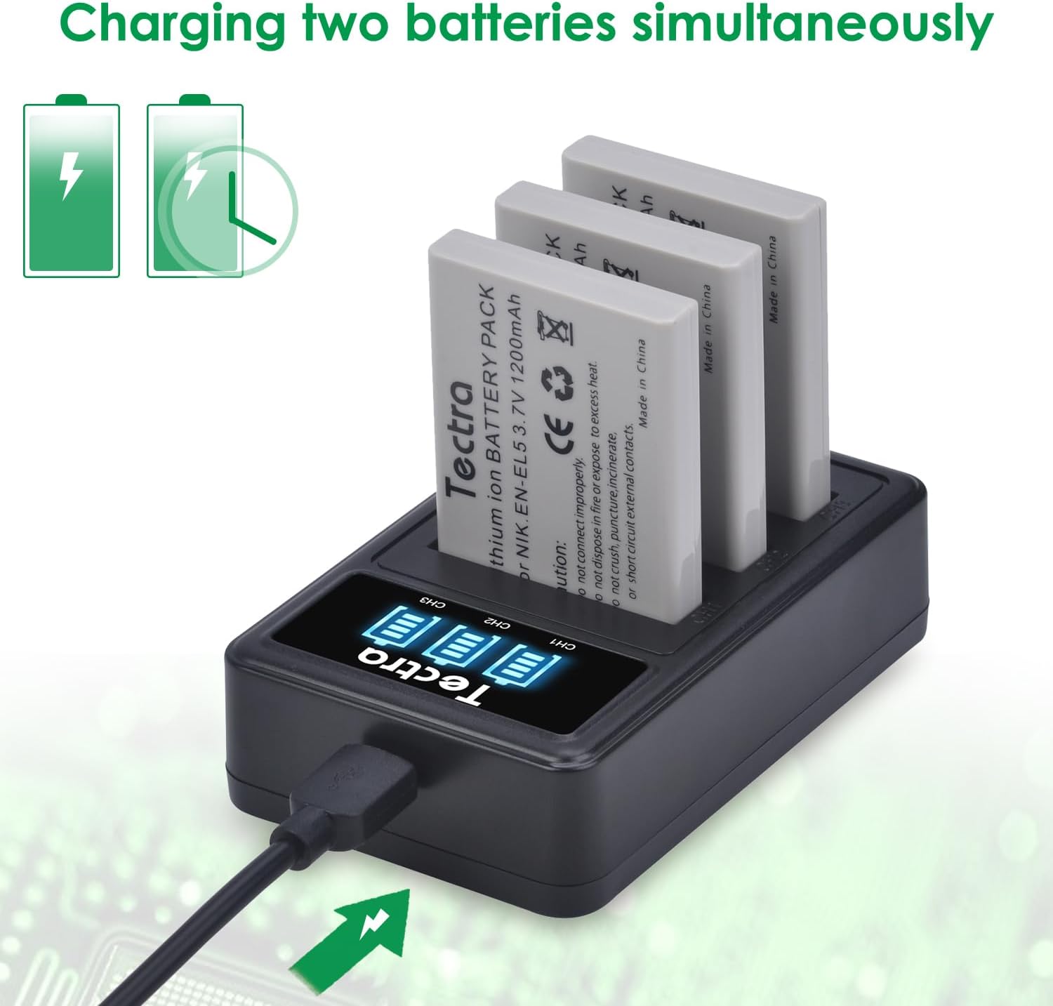 Tectra 3X EN-EL5 ENEL5 Batteries + LED 3-Slots Charger for Nikon Coolpix P530, P510, P500, P520, P3, P4, P90, P80, P100, P5000, P6000, S10, 3700, 4200, 5200, 5900, 7900 Cameras