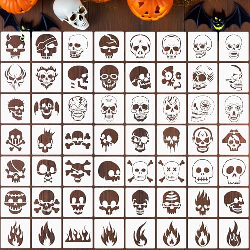 Augshy 56 Pack Skulll Stencils, 3 Inch Reusable Halloween Small Skulls Stencil for Painting on Wood Ornaments Slice DIY Crafts Fabrics Window Halloween Thanksgiving Autumn Decoration