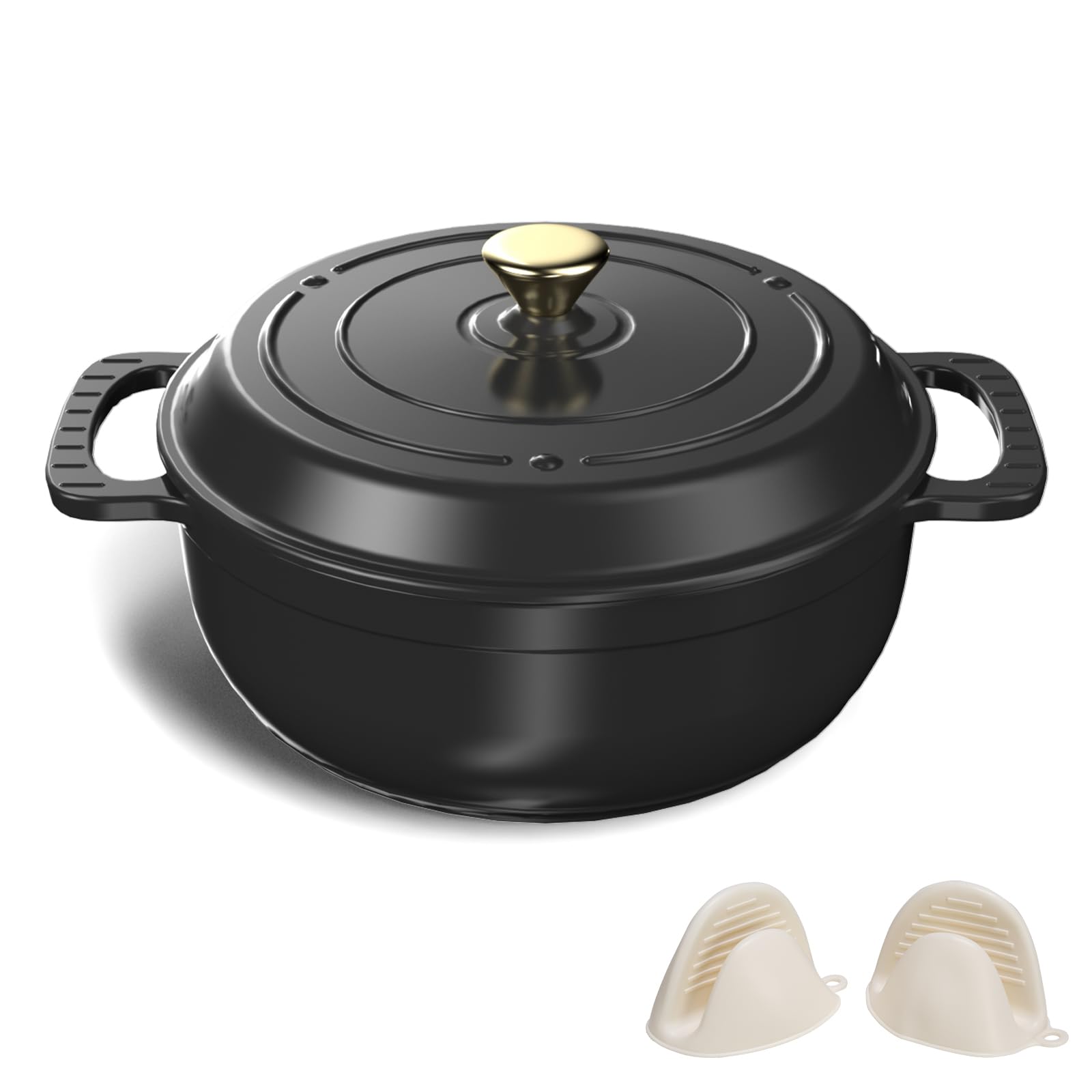 Bonnlo Enameled Cast Iron Round Pot, 27cm/5.6L Dutch Oven Cookware with Lid, Silicone Gloves, Heavy-Duty Pre-Seasoned Cookware for Bread Baking, Braising, Stews, Roasting - Black, 6QT