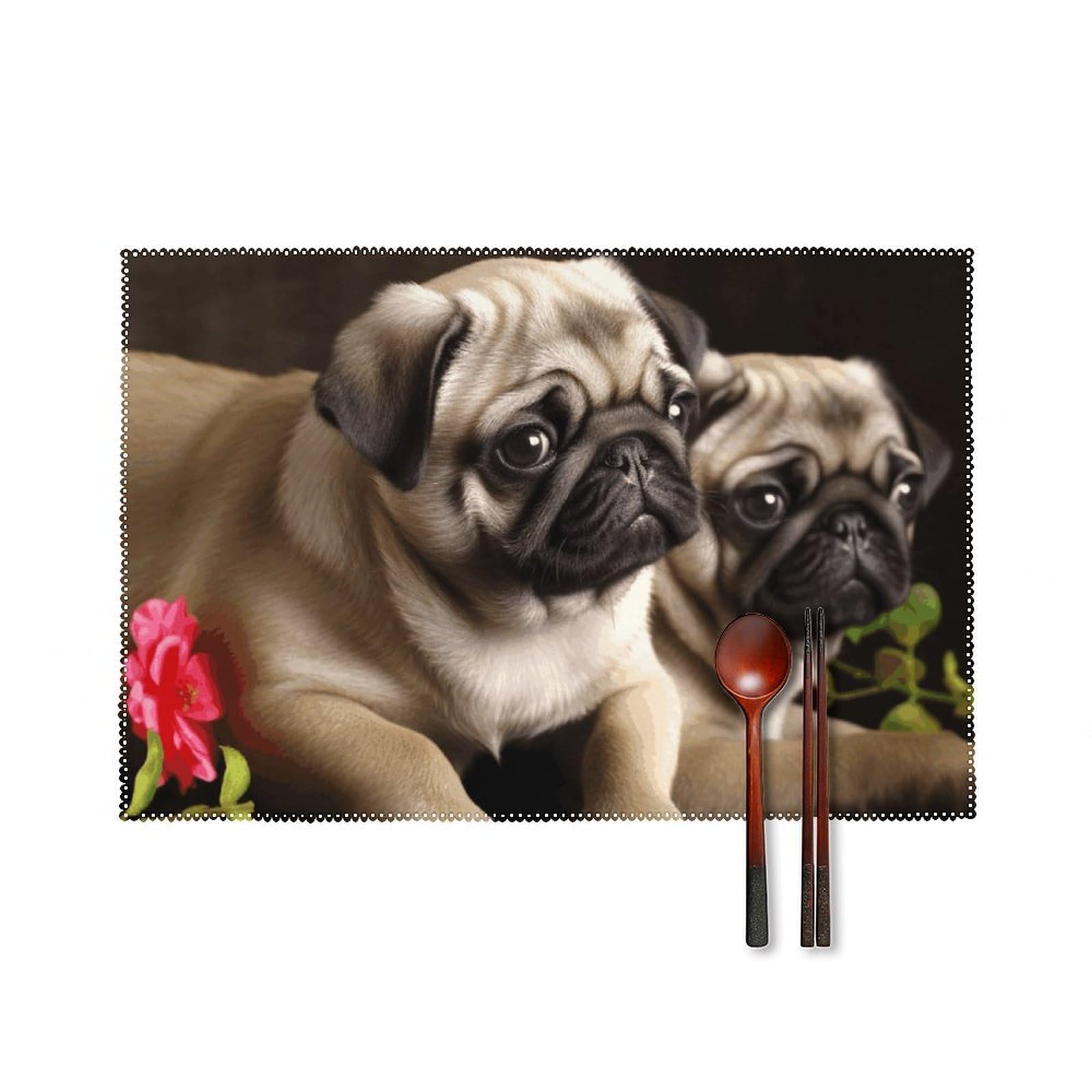 Puppys Pug Placemats Set of 6, 12x18 Inch Heat Resistant Washable Canvas Table Mats, Stain Resistant Decorative Dining Placemats for Kitchen, Restaurant, Outdoor Party
