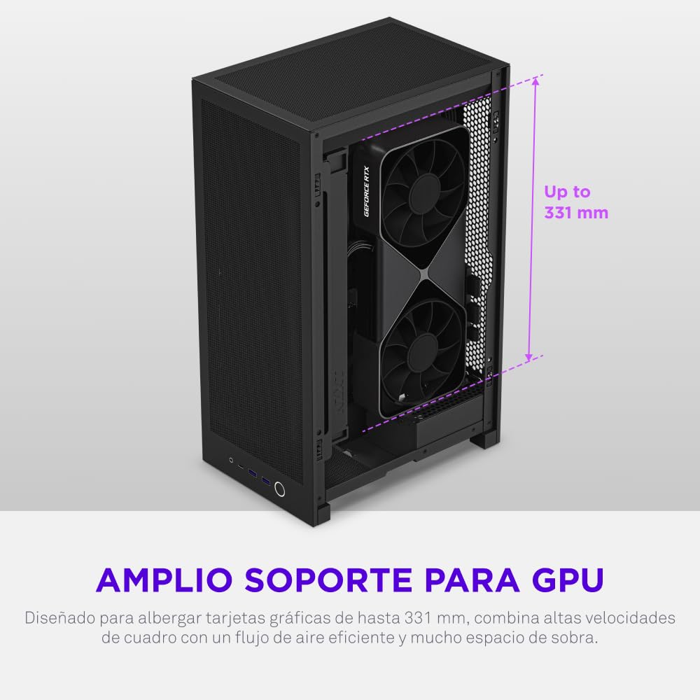NZXT H2 Flow – Caja para PC Mini-ITX de 20,7 L con Alto Flujo de Aire – Incluye 2 Ventiladores Superiores de 120 mm y Cable Elevador PCIe 5.0 – GPU de 331 mm – Radiador de 280 mm – Negro