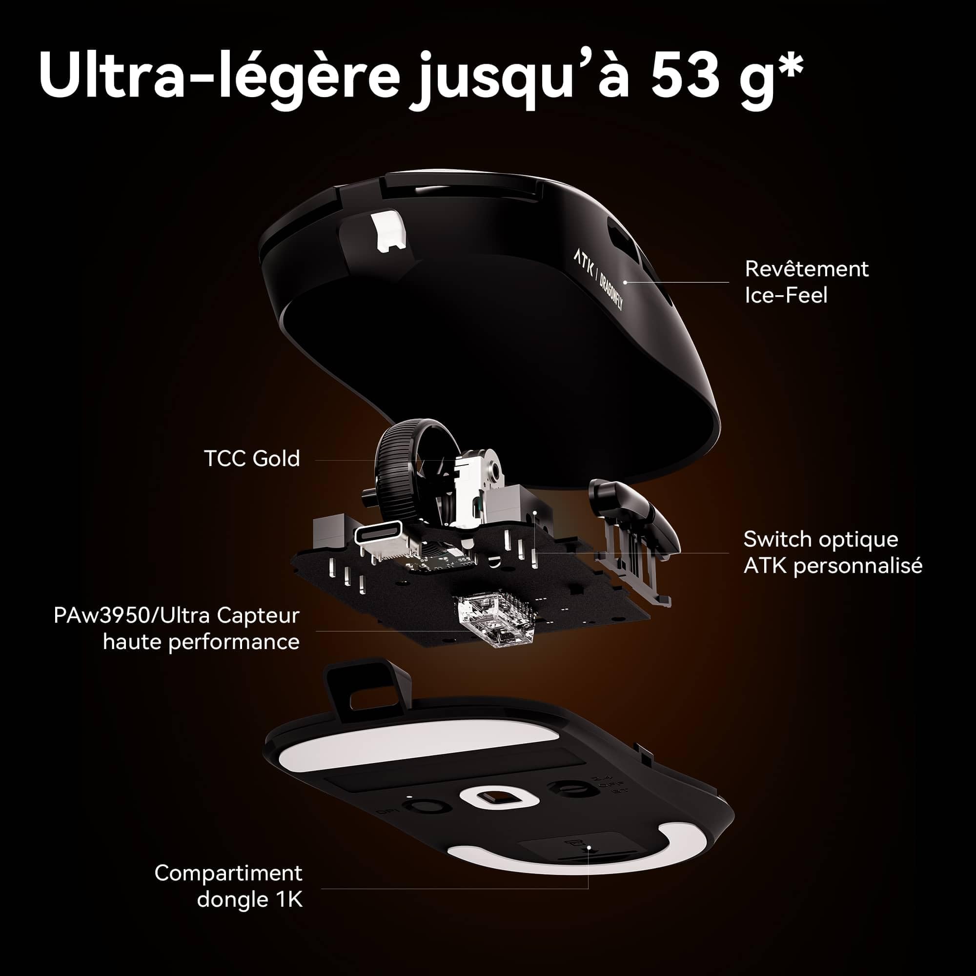 ATK Dragonfly A9 Series Souris de jeu sans fil, légère, 53–57 g, capteur PAW3950 Ultra / PAW3395, jusqu'à 42 000 DPI, polling 8K, revêtement glacé, connectivité trimode (A9 Plus, blanc)