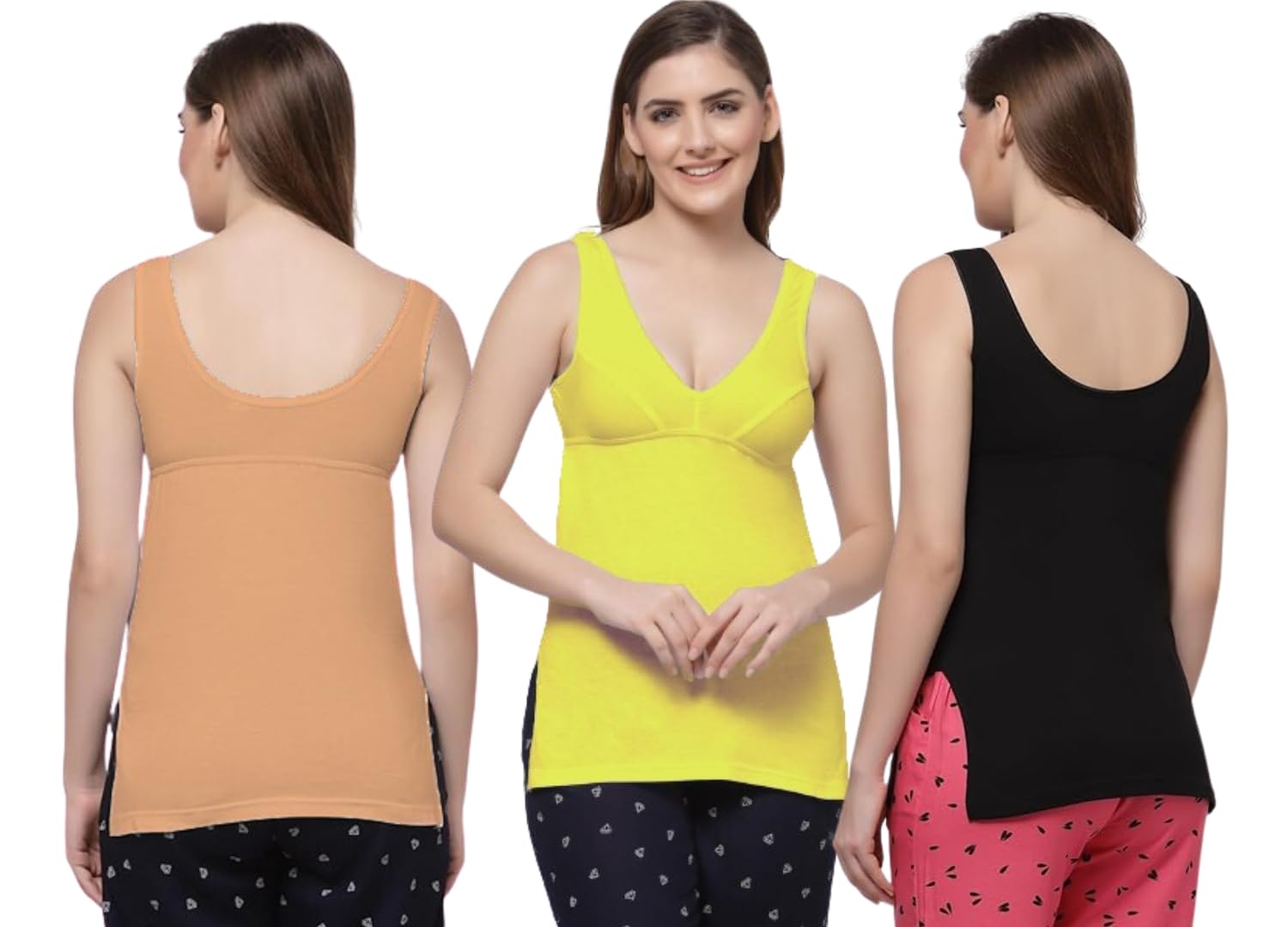 D & J SHOP (Pack of 3 Women's Cotton V-Neck Wide-Straps Seamed Thigh Length Bra Camisole Spaghetti Slips Camisole Inner Non Padded with Adjustible Strap for Girls Women