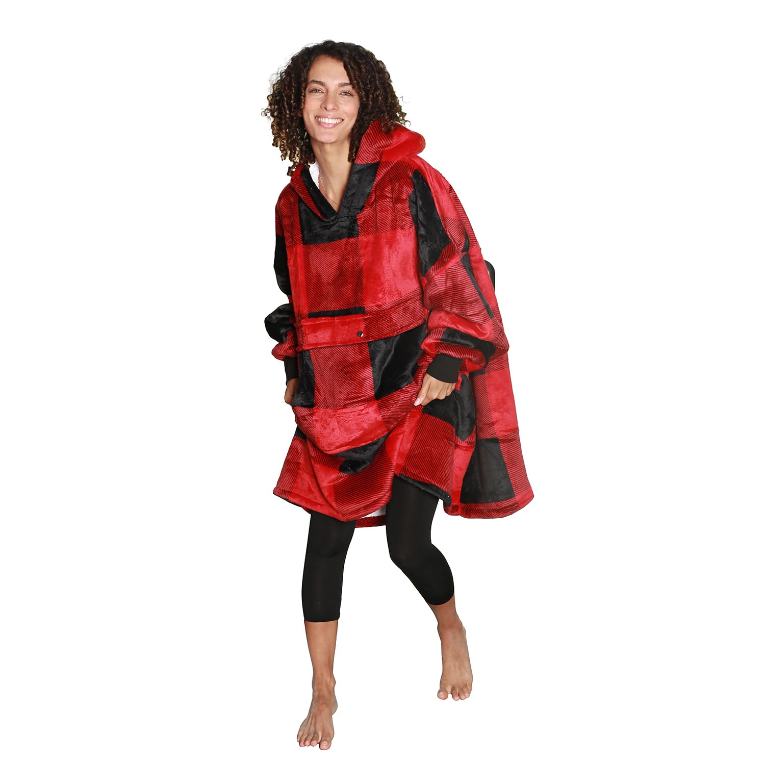 Catalonia Oversized Blanket Hoodie Sweatshirt, Wearable Sherpa Lounging Pullover for Adults Women Men: One Size Red Plaid