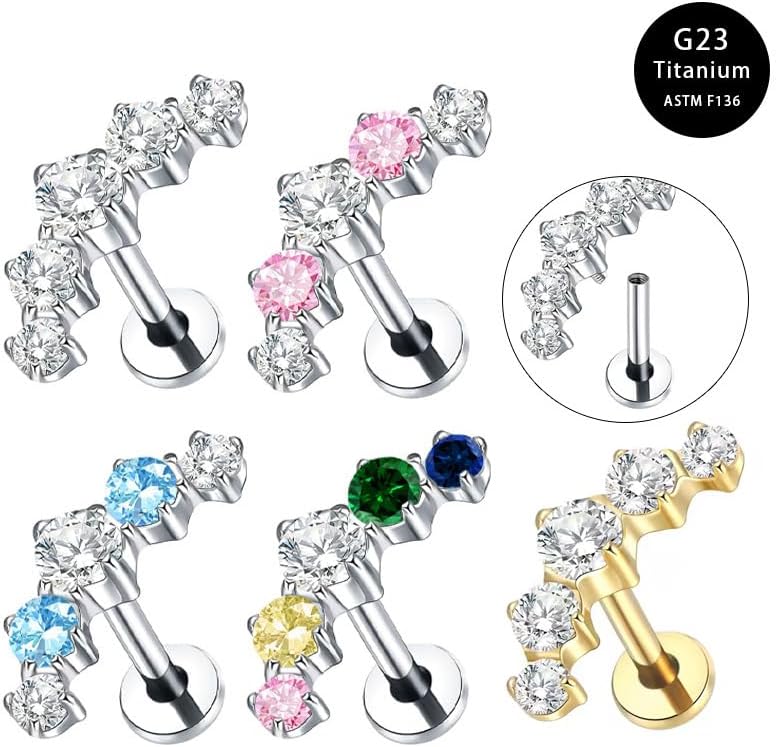 G23 Titanium CZ Climber Flat Back Stud Earrings for Women 18G Internally Threaded Cartilage Conch Helix Earring Studs Sparkling Labret Monroe Lip Rings Medusa Piercing Jewelry Hypoallergenic - Image 2