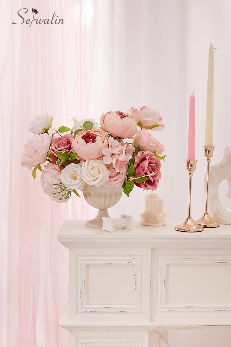 Serwalin Artificial Flowers Pink Peonies Silk Flowers Fake Flowers with Stems Dusty Roses for Wedding Bouquets Centerpieces Cake Decor Baby Shower Decoration - Image 5