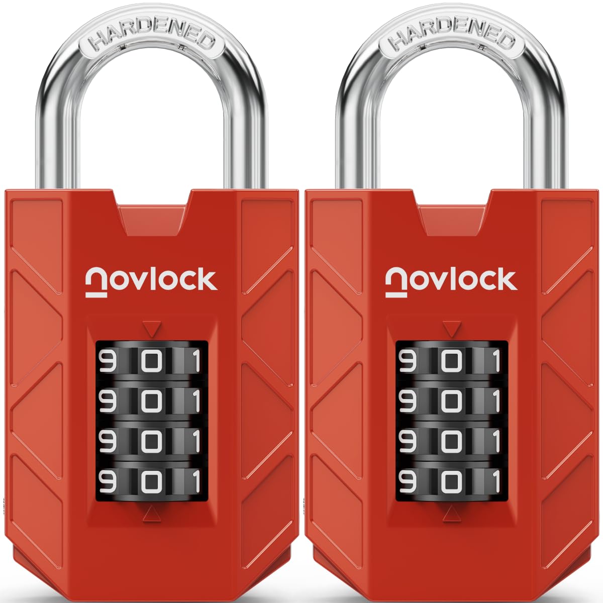 NOVLOCK Combination Padlocks โ Sturdy & Secure 4-Digit Locks with Code for Gym, School & Work Lockers, Cabinets, Toolboxes, Sheds & Fences โ 2-Pack, Red