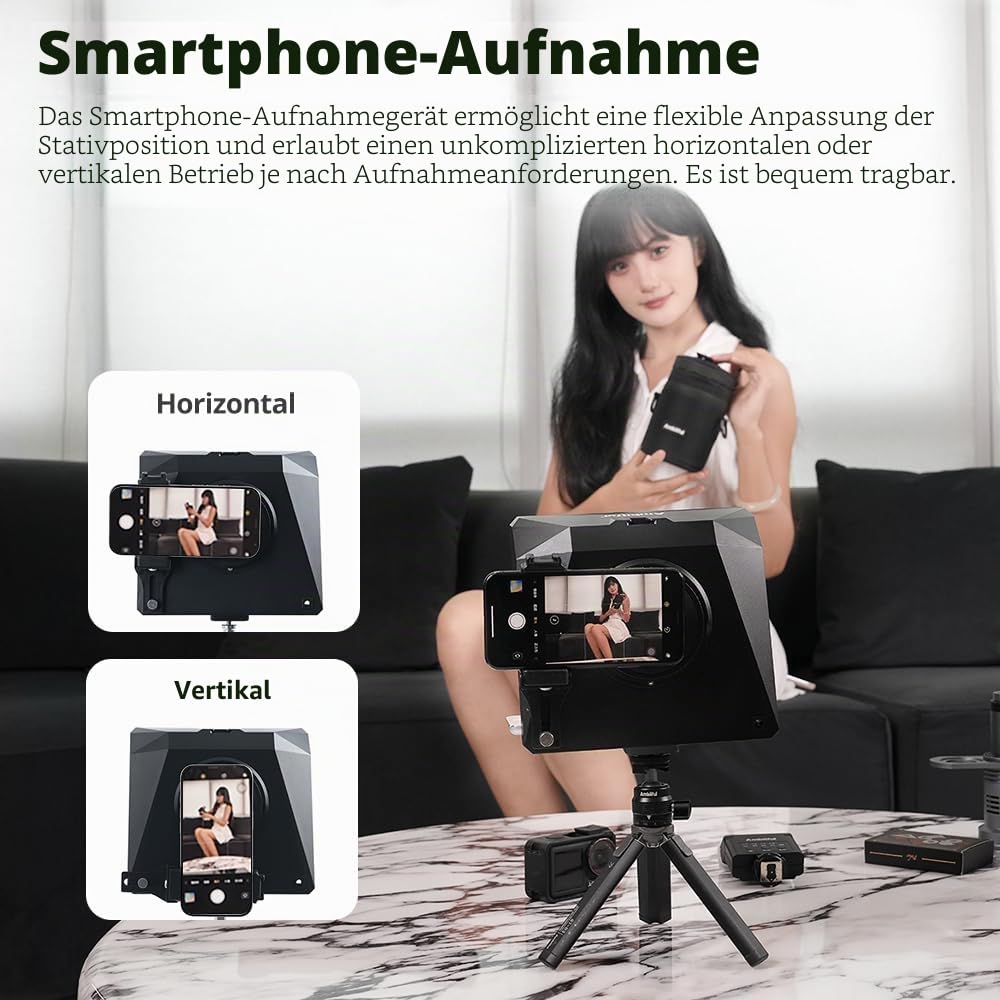 Ambitful T1 Pro Teleprompter für Handy mit Desktop-Stativ, schnell einzurichten, tragbares Teleprompter-Set mit Fernbedienung, unterstützt Smartphone/DSLR/Mini-Tablet (unter 8,3 Zoll), für YouTube