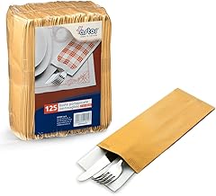 PZ 125 BUSTA PORTAPOSATE SACCHETTO IN CARTA PAGLIA 10 X 25 + TOVAGLIOLO 40 X 40 BUSTA PORTA COLTELLO CUCCHIAIO PORTA POSATE PER APERITIVO APERICENA E HAPPY HOUR PER ALIMENTI (100)