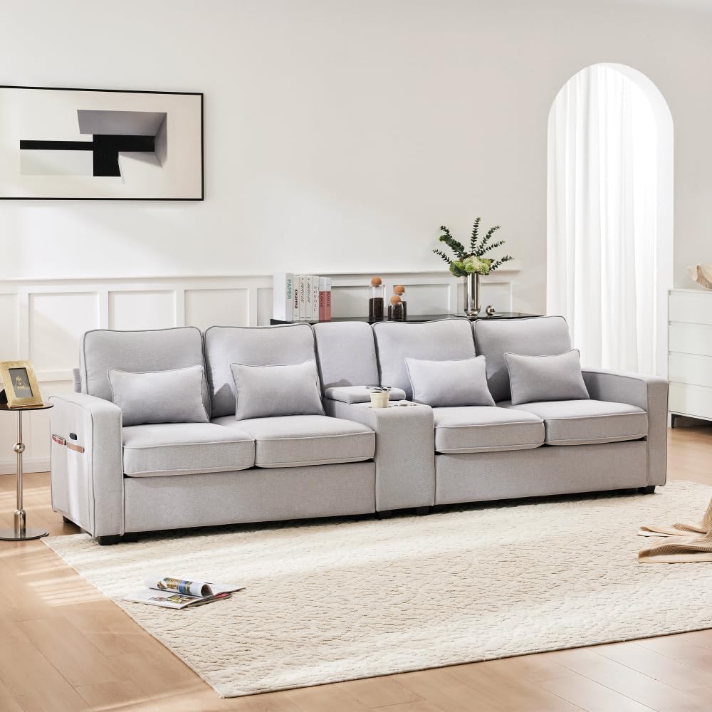 Sofá moderno de 4 plazas con bolsillos para reposabrazos y 4 cojines, con consola, 2 portavasos y 2 tomas USB, en lino, adecuado para muchas ocasiones (Gris+USB)