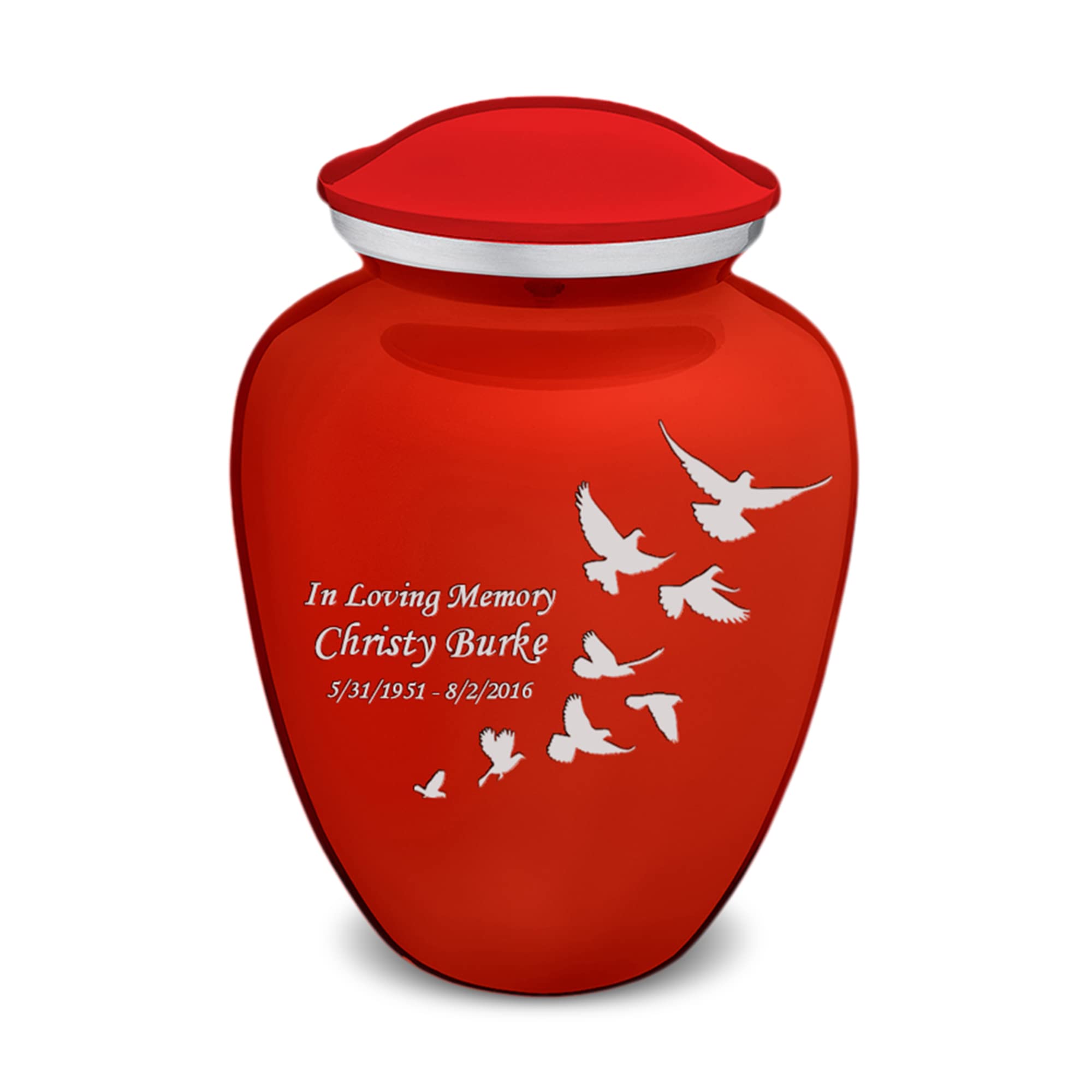 GetUrns - Doves Embrace Personalized Urn, Custom Decorative Urns for Ashes, 44 Cubic Inch Cremation Urns for Ashes, Aluminum Memorial Urn, Bright Red Decorative Urns with Lids