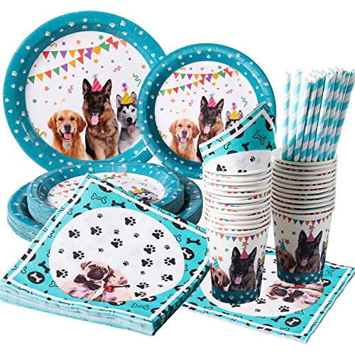 Wigood 120 Pcs Pet Dog Theme Party Supplies - Disposable Dogs Party Tableware For Kids Boys Birthday Includes Luncheon Dinner Dessert Plates Napkins Paper Cups Straws Serves 24 Guests #TOP7