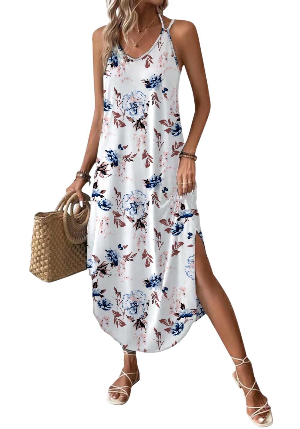 Chicrise Summer Dress Women's Spaghetti Long Summer Sleeveless Maxi Dress V Neck Strappy Dress