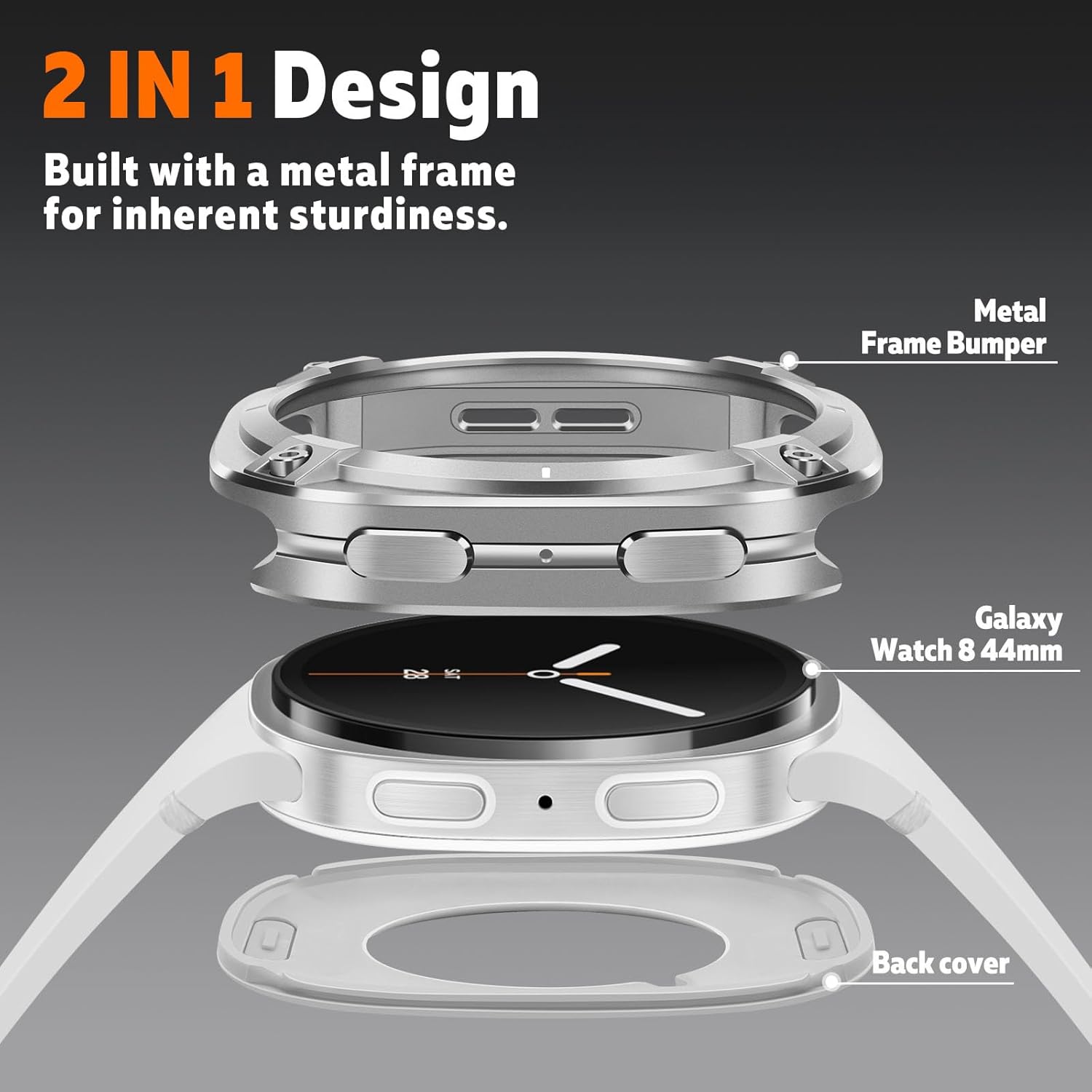 HITZEE 2 in 1 Metal Case Compatible for Samsung Galaxy Watch 8 44mm, Rugged Metal Protective Bumper with Back Cover for Samsung Galaxy Watch 8, Silver White - Image 2