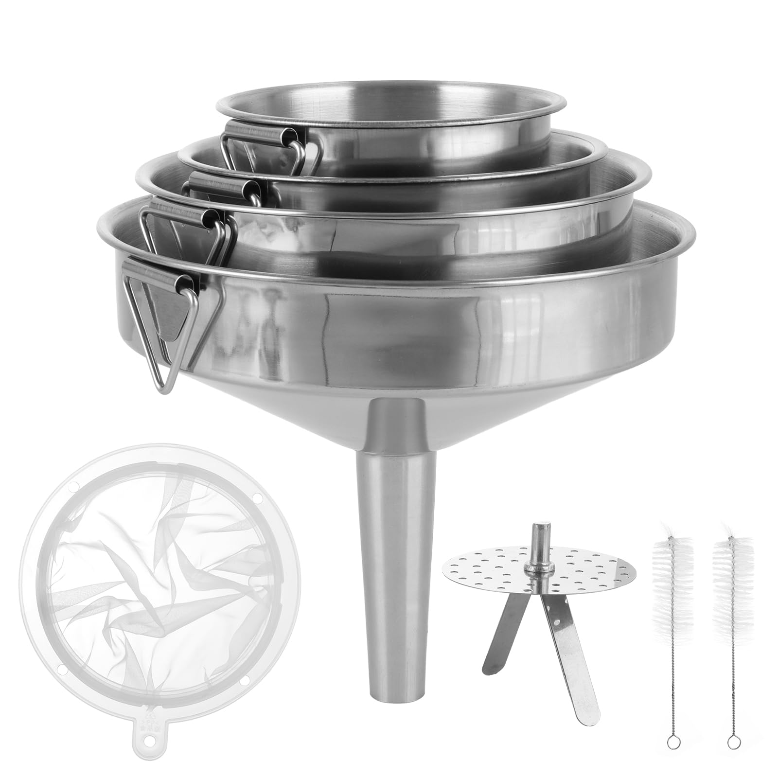 ASelected 5 Stück Edelstahl Trichter Set Trichter Edelstahl Küche Trichter mit Griff Marmeladentrichter mit Sieb Filter Reinigungsbürste zum Übertragen von Flüssigkeiten Öl Saft Marmelade Pulver