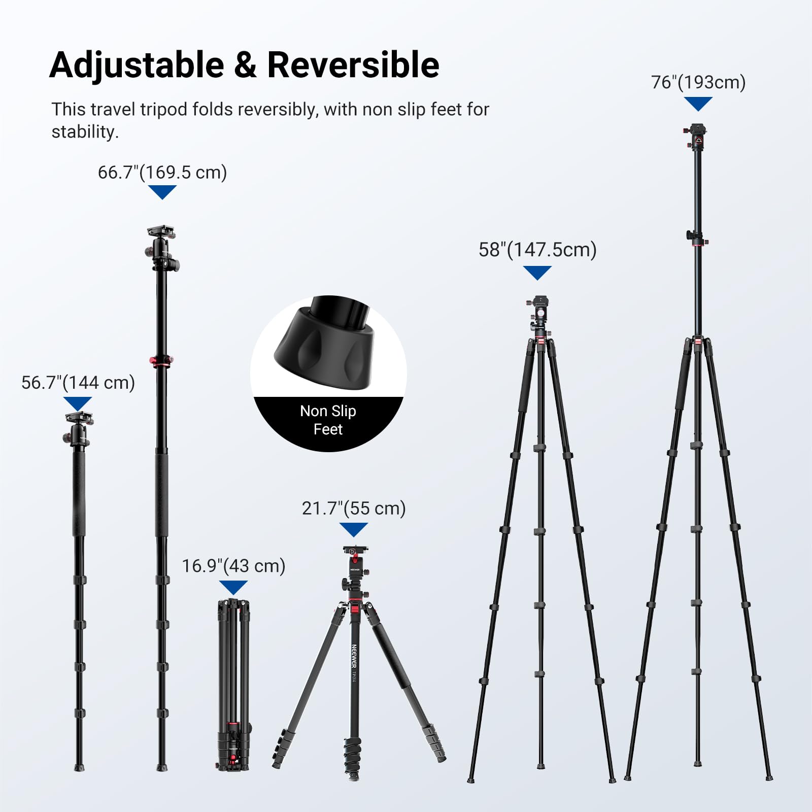 NEEWER BASICS Statyw do kamery górnej, monopod z głowicą kulową i poziomą kolumną środkową, 76-calowy metalowy stojak podróżny DSLR, płyta QR typu Arca i odwrócone nogi, maksymalne obciążenie 8 kg