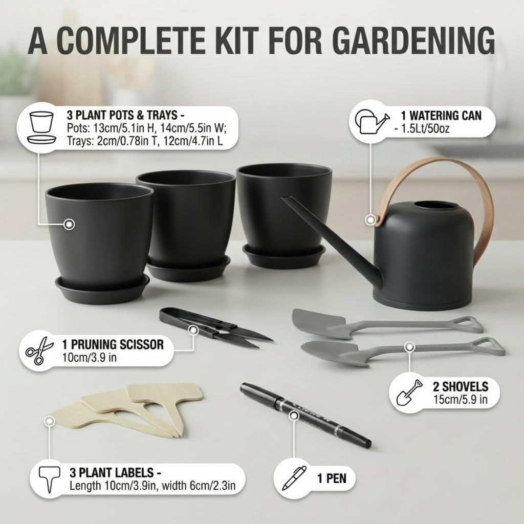 Indoor Garden Kit - Plant Pots with Drainage, Watering Can & Tools - Ideal Windowsill Planter Set - Modern Home & Kitchen Decor Gift - Black