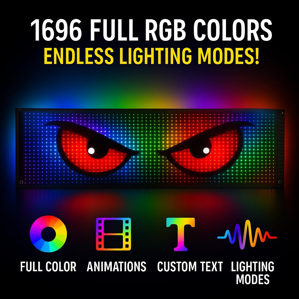 DenilantEC Devil Eyes led Lights for Car, 23x5 Inches Flexible led Display, Customizable Text Patterns, Bluetooth App Control, 1 Piece, Made for Businesses, Windshield & Rear Window