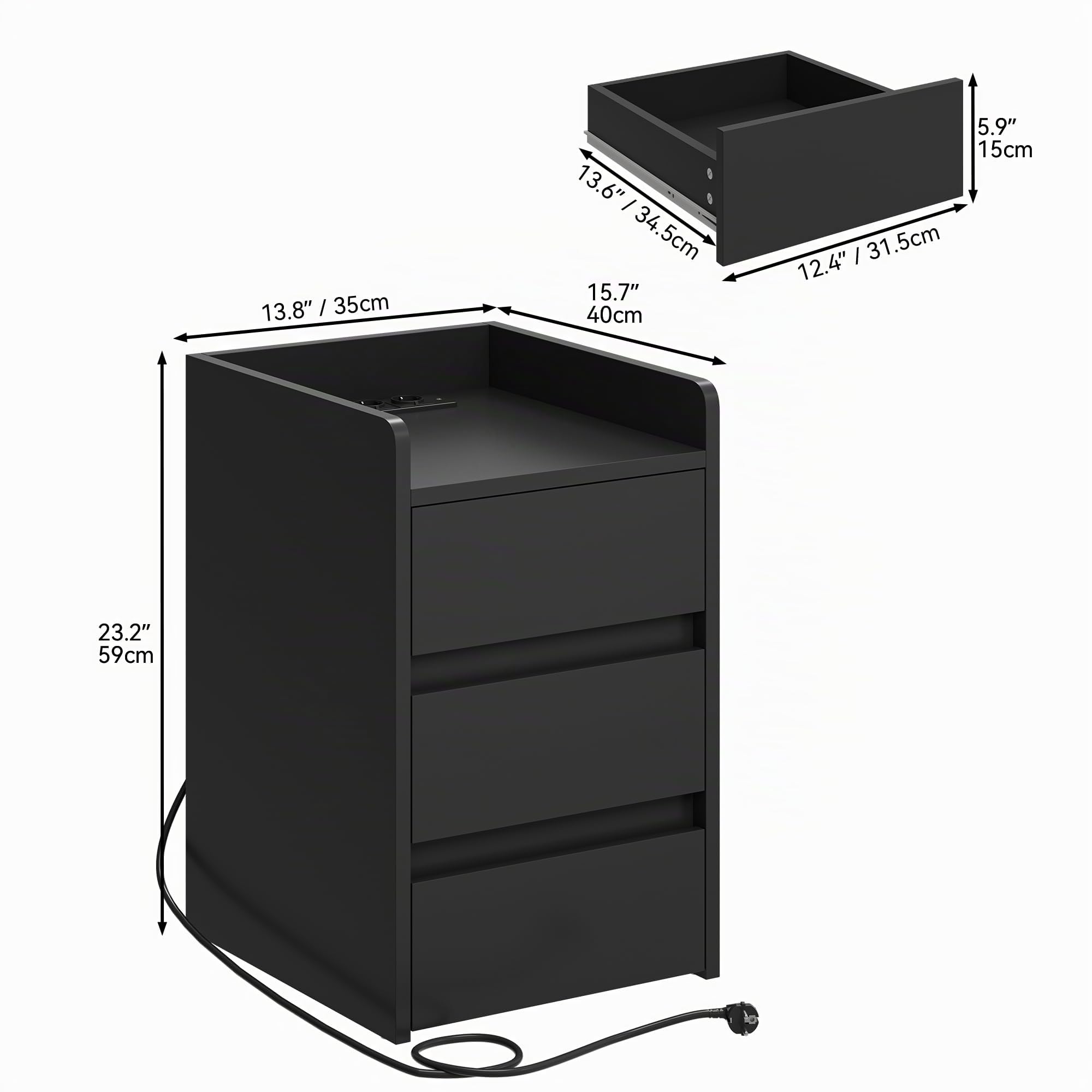 YITAHOME Mesita de Noche de 3 Cajones, Mesita de Noche con Estación de Carga, 2 Puertos y Tomas USB, Mesa Auxiliar Impermeable para Salón y Dormitorio, 35 x 40 x 60 cm (Negro)
