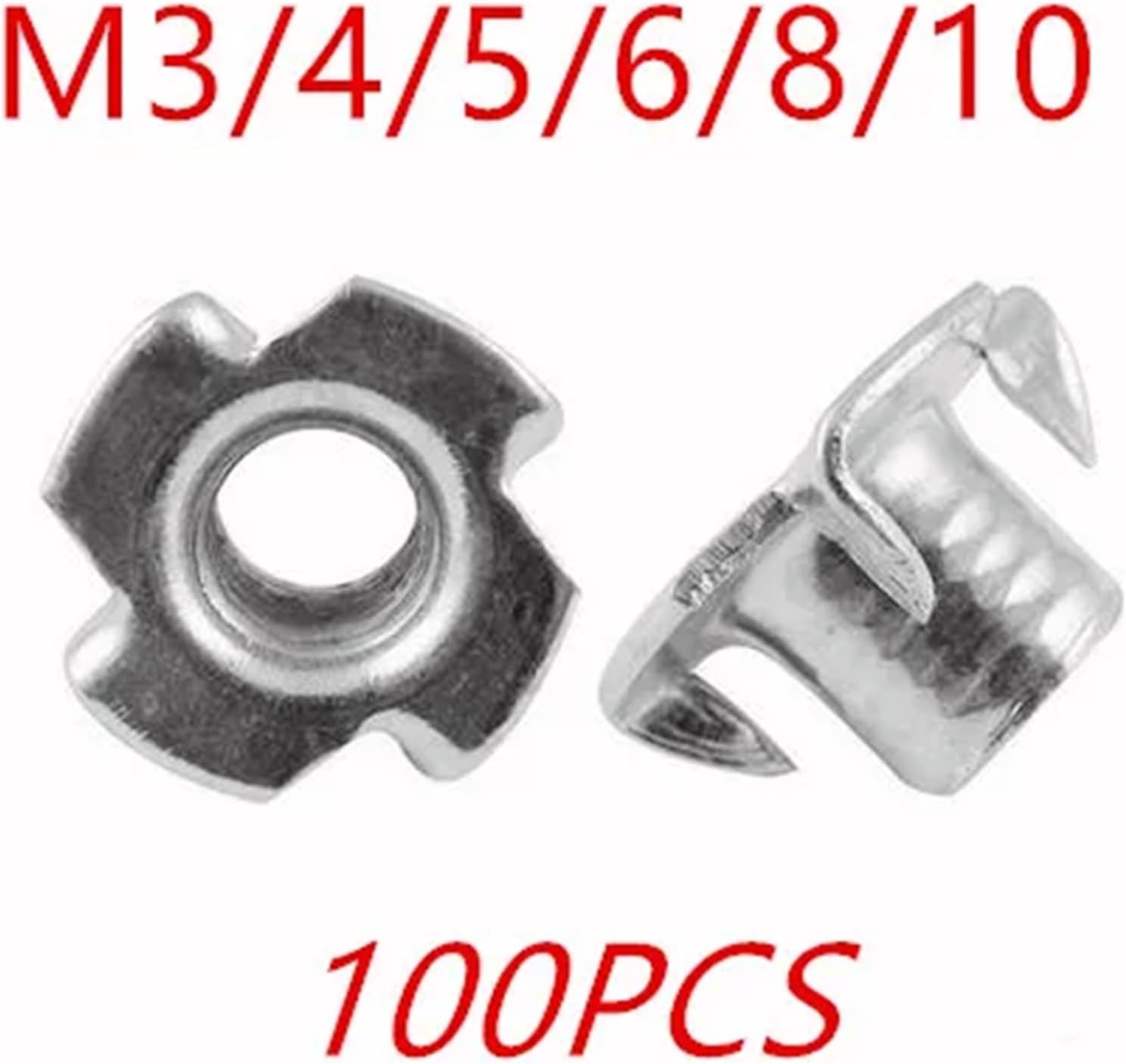 100PCS M3- M12 Four Claw Nut/Four Female Furniture Nut/Captive T Pronged Tee Blind Nuts(M8)