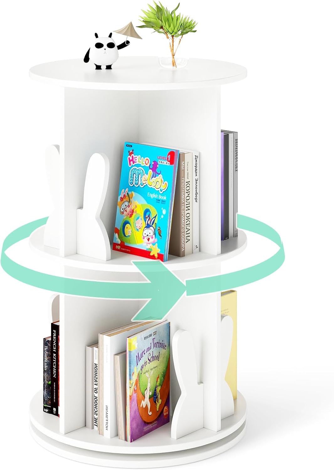 HONEY JOY Rotating Bookshelf, Cute 2-Tier Kids Bookcase with Bunny/Bear Bookends & 8 Compartments, 360° Spinning Floor Book Stand, 65 CM Corner Toddler Book Rack for Kid's Room, Play Room, Study