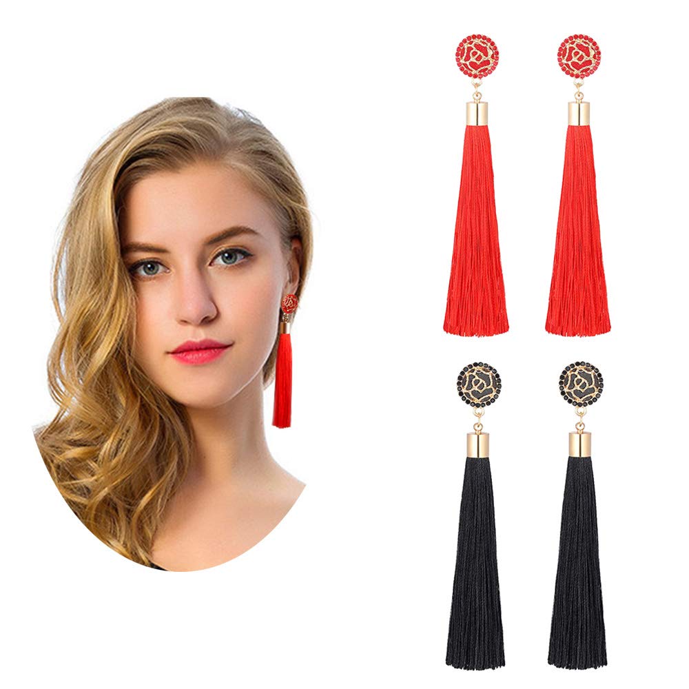 KAMRESH2 pairs Tassel Hoop Earrings for Women Dangle Earring Bohemia Colorful Long Layered Thread Ball Fashion Jewelry for Women Girls Daily Wear