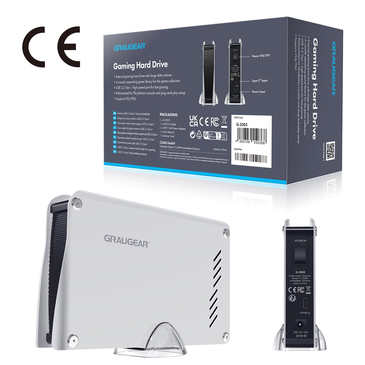 GRAUGEAR Disco Duro Externo de 4TB en Carcasa de Aluminio para Playstation, Formateado para PS5 y PS4, 4TB HDD 3,5 Pulgadas, USB-C y USB-A